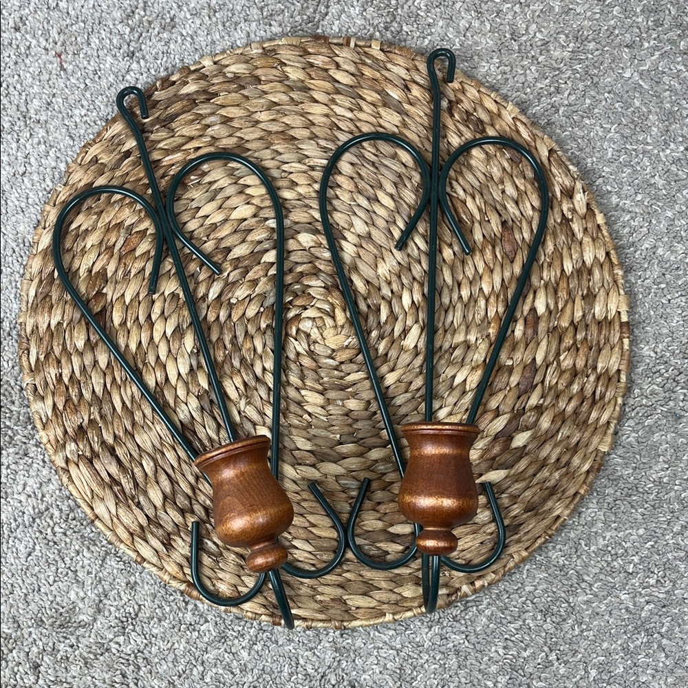 Green Metal and Brown Wood Wall Sconces Candle Holder Home Decor Accents
